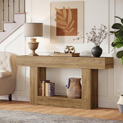 Tribesigns 63-Inch Long Console Table, 2-Tier Entryway Table Sofa Table with Storage, Farmhouse Wood Behind Couch Table for Living Room, Hallway, Light Brown