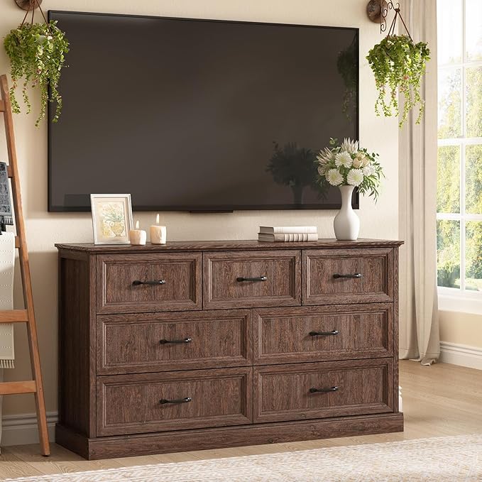Farmhouse 7 Drawer Dresser for Bedroom, 55 Inch Wide Modern Brown Dresser TV Stand with Large Drawers & Bar Handles, Rustic Wood Chest of Drawers for Bedroom