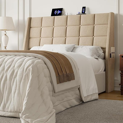 Full Size Headboard with Charging Station, Ergonomic Upholstered Linen Headboards Only, Wingback Wood Bed Head Board with Storage Pocket, Bed Frame Adapters, Beige