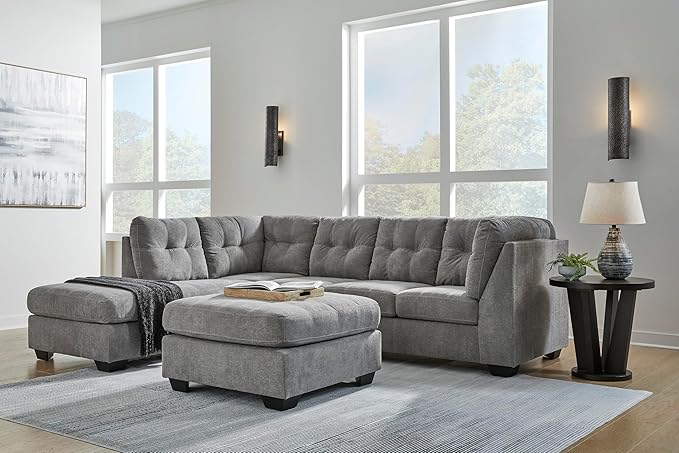 Signature Design by Ashley Marleton Contemporary Left-Arm Facing Tufted 2-Piece Sleeper Sectional with Chaise, Loose Seat Cushions and Bi-Fold Memory Foam Mattress, Full, Light Gray