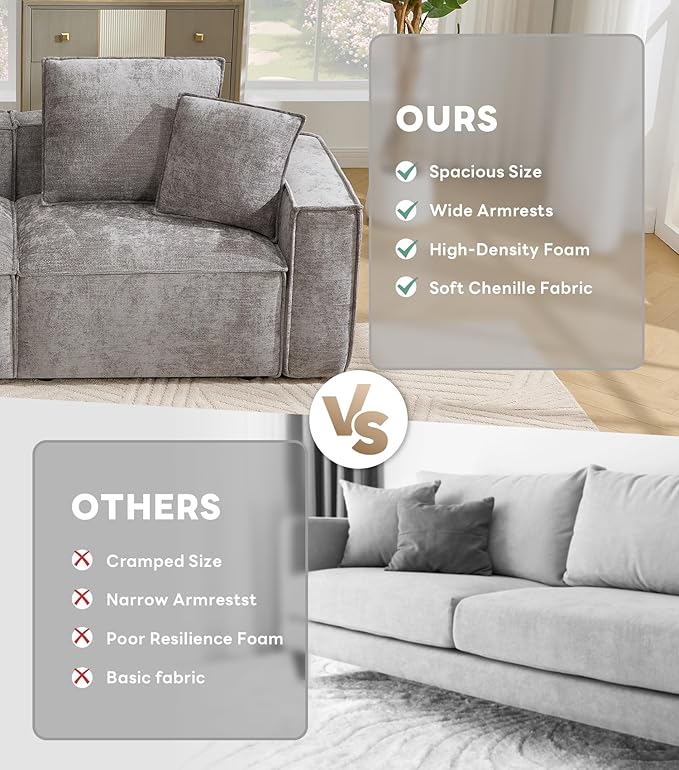 WILLOVE Modular Sectional Sofa Set, Chenille Cloud Couch with Wide Armrests & 8 Pillows, Deep Seat Couches for Living Room, 4-Seater Grey