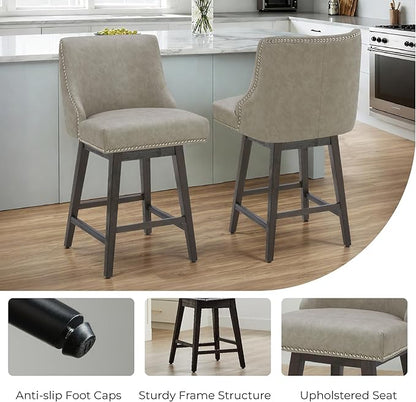 CHITA Counter Height Swivel Bar Stools Set of 4, FSC Certified Upholstered Counter Stools, Modern Swivel Barstools with Wood Legs for Kitchen Island, 26" Seat Height, Faux Leather in Stone Grey