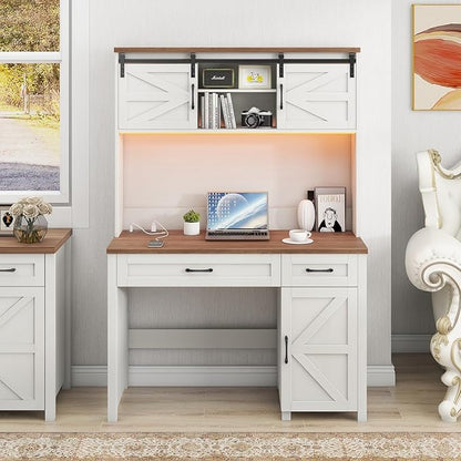 Vabches Farmhouse 47" Executive Desk, Computer Desk with 2 Drawers, Storage Cabinet and LED Light,Charging Hub, Home Office Desk with Hutch, Workstation for Home Office and Study.(Unique White)