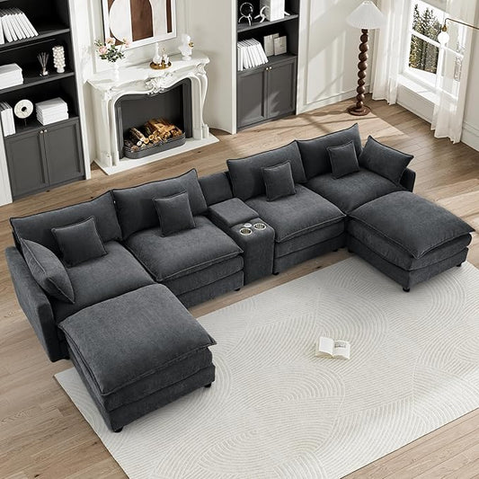 HYJT-H&K 145" U Shaped Cloud Couch Modular Black Sectional Couches for Living Room, Comfy Fluffy Chenille Oversized Cloud Sectional Couch Large 6 Seat Sectionals Sofa Set Central Console USB Port