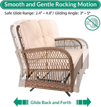 VIVIJASON 5-Piece Outdoor Patio Wicker Conversation Sets, All Weather Outdoor Rattan Furniture Set Includes Glider Loveseat, 2 Coffee Table, 2 Glider Rocker Chairs with Cushions, Light Brown