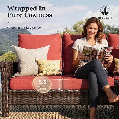 HERA'S HOUSE Red Patio Furniture Set, 35" High Back Swivel Chairs with 5.5" Waterproof Cushions, 4 Pieces Wicker Rattan Outdoor Conversation Sofa Sets for Deck Lawn Yard