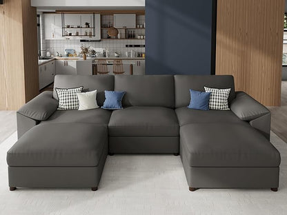 EASE MOOSE Oversized Modular Sofa with Deep Seat,Leather Sectional U Shaped Couch for Living Room,Comfy Scratch Resistant Faux Leather Material,Modern Sofas with Ottoman,Grey