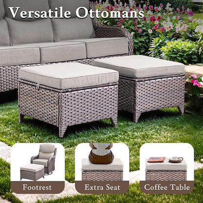 Luxury High Back Outdoor Furniture with 6-inch Extra Thick Cushions, Patio Furniture Set with Swivel Chairs, 5 PCS Wicker Conversation Set for Yard, Deck, Poolside, Brown/Beige