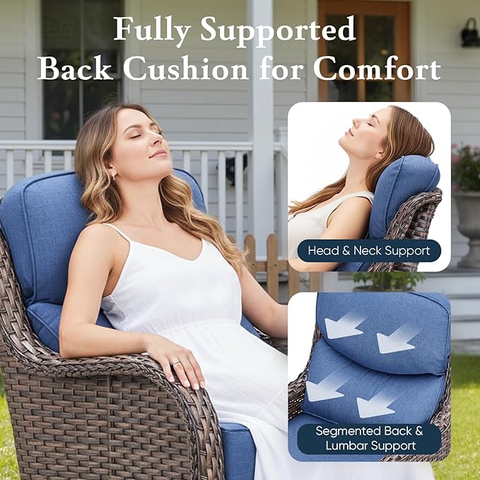 Belord Luxury 6" Thick Cushioned 10 Pieces Patio Furniture Set with Fire Pit Table, Wicker Outdoor Conversation Set with High Back Swivel Rocker Chairs for Deck Porch Yard and Poolside - Brown+Blue