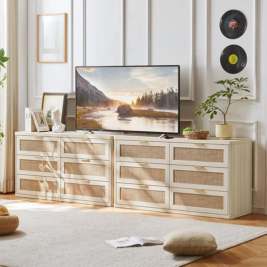 LEYAOYAO Rattan 6 Drawer Dresser for Bedroom Set of 2, Boho 54" Wide White Dresser Chest of Drawers, Dressers TV Stand with Metal Handle, Storage Dressers Closet Organizer for Living Room, Hallway