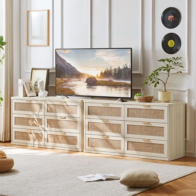 LEYAOYAO Rattan 6 Drawer Dresser for Bedroom, Boho 54" Wide White Dresser Chest of Drawers, Dressers TV Stand with Metal Handle, Storage Dressers Closet Organizer for Living Room, Hallway