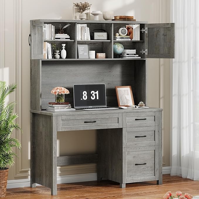 Farmhouse 67" H Executive Desk with Hutch,Office Desk with 4 Drawers and LED light, Wood Workstation for Home Office and Study, Computer Desk with Storage Cabinet,File Drawers, Charging Station.Gray