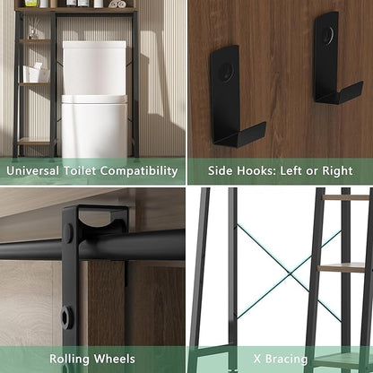 MU Over The Toilet Storage Cabinet with Sliding Door, 32.5" W Free Standing Toilet Shelf Space Saver with 3 Side Hooks & Anti-Tip Design, Space-Saving Toilet Rack for Bathroom, Laundry, Brown
