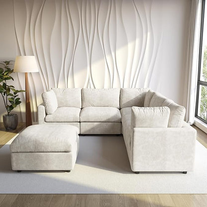WJShome Cloud Couch Modular Sectional Sofa,100.5" V Shaped Couch, Convertible Wide Seater with Ottoman, 6 Seater for Living Room Set,Covers Washable&Replaceable,Beige