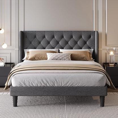 SHA CERLIN Full Size Upholstered Platform Bed Frame with Wingback Headboard, Tufted Linen Fabric, Wooden Slats Support, Easy Assembly, No Box Spring Needed, Dark Grey