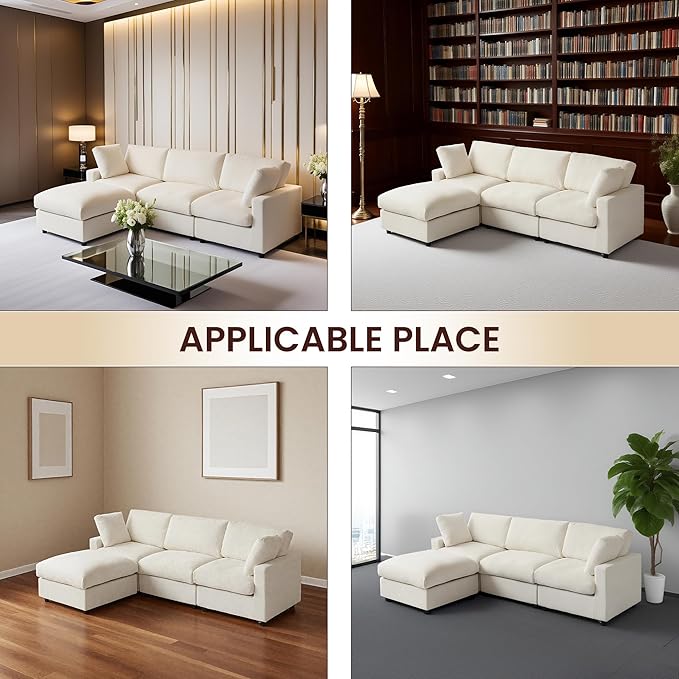 WJShome Modern Sectional Sofa 134 Inch 4-Seater Cloud Couch with Chenille Deep Seat Couches for Living Room, Bedroom and Apartment，Beige