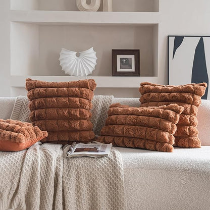 Neelvin Brown Faux Fur Cozy Soft Plaid Decorative Throw Pillow Covers 16x16 inch Set of 2,Velvet Pillowcase Cushion Case for Sofa Couch