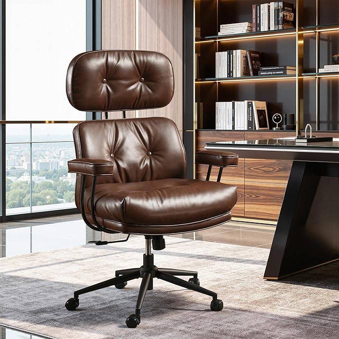 Ergonomic Office Chair Comfy with Lumbar Support, High Back PU Leather Rolling Executive Desk Chair for Home Office & Gaming, 360° Swivel, 300lbs (Dark Brown)