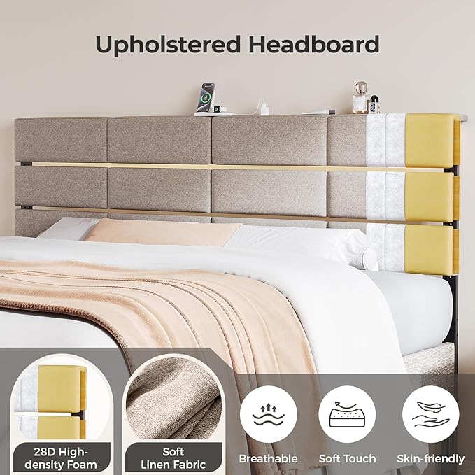 King/Cal King Size Upholstered Headboard, Adjustable Head Boards with LED Light & Charging Station, Bed Headboard Only, Attach Frame, Ideal for Bedroom, Dorm, Guest Room, Beige
