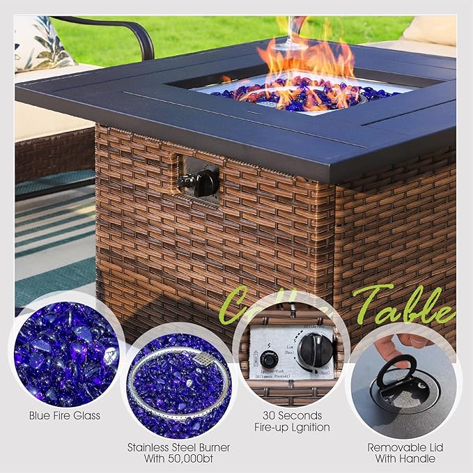 Sophia & William Patio Furniture Set with 32" Fire Pit Table, 3-Seater Sofa, 2 Sofa Chairs, 2 Ottoman, 7 Seats Outdoor Metal Conversation Sets for Seating Lawn Garden Backyard, Beige