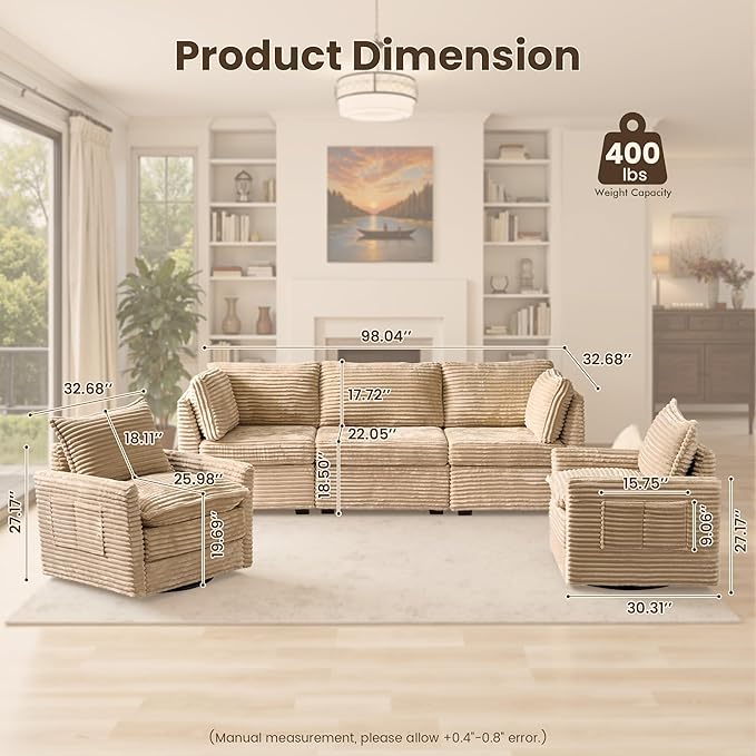 98" Modular Sectional Sofa with Swivel Chairs, Modern Cloud Couch Plush Corduroy 3 Seater Deep Seat Sofas Set & Accent Armchair Set of 2 for Living Room, Beige