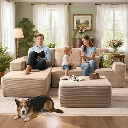 106" Cloud Sectional Couch with L-Shape Chaise & Ottoman, No Assembly Modular Sofa, Deep Seat Corduroy Boneless Couched for Living Room (Camel Stripe Corduroy, Left Facing Chaise with Ottoman)