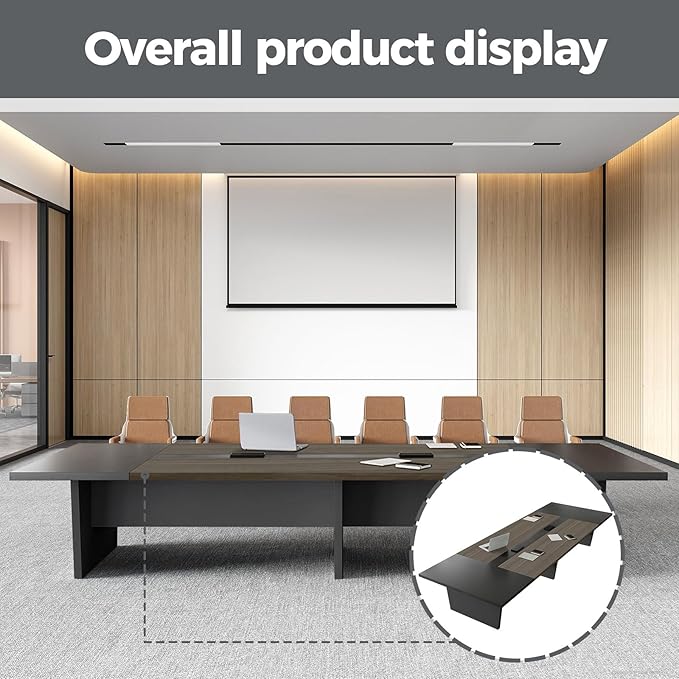 Modern Conference Table with Cable Management, Thickened Top & Trapezoidal Legs – Office Meeting Table for Executive Workspaces (Oak+Gray, 138" L