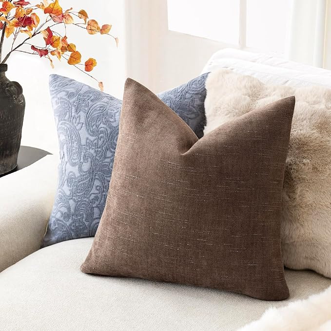Foindtower Pack of 2 Soft Textured Chenille Throw Decorative Pillow Covers Square Accent Solid Cushion Cover Cozy Neutral Farmhouse Pillow Case for Couch Sofa Bedroom Living Room 18x18 Inch, Chocolate
