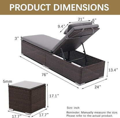 3 PCS Patio Chaise Lounge Outdoor Lounge Chair Patio Reclining Chair with Coffee Table Cushion&Pillow 5 Angle Adjustment Brown Rattan for Courtyards Poolside Garden
