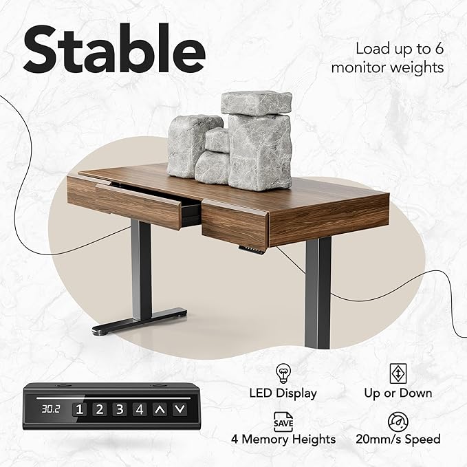 HUANUO Standing Desk with 3 Drawers, 48 Inch Electric Adjustable Height Desk with Storage, Whole-Piece Board Stand Up Desk for Home Office, Black Walnut