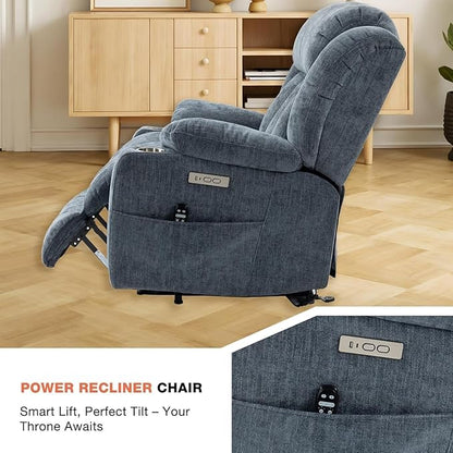Power Lift Recliner Chair, 350lb Capacity with 8-Point Massage & Heating, USB/Type-C Ports & Cup Holders, Heavy Duty Chenille Recliner for Elderly, Blue Grey