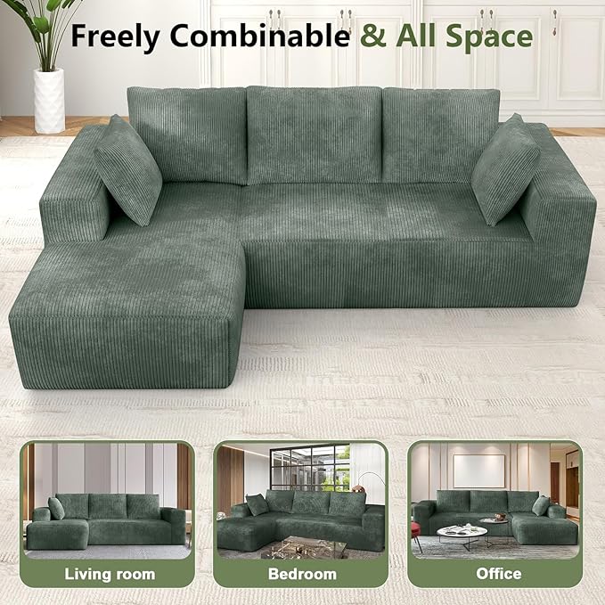 108” Cloud Sectional Couch, Modular Sectional Sofa with Deep Seat, Corduroy Boneless Couches with Chaise for Living Room Bedroom, No Assembly Required