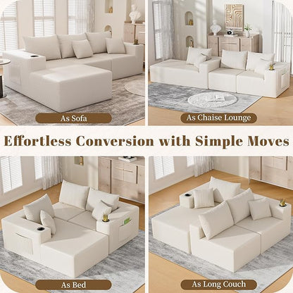 107" Cloud Sectional Couch, Modular Sectional Sofa with L-Shape Chaise, Corduroy Boneless Couch with Deep Seat, Upholstered Sofa for Living Room, No Assembly Required(Left-Facing Chaise, White)