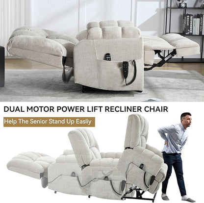 Power Lift Recliner Chair for Elderly, Oversized Chenille Electric Recliners Chairs for Living Room, Dual Motor 180° Lay Flat Recliner Big Sofa with Massage and Heating, Heavy-Duty, Beige