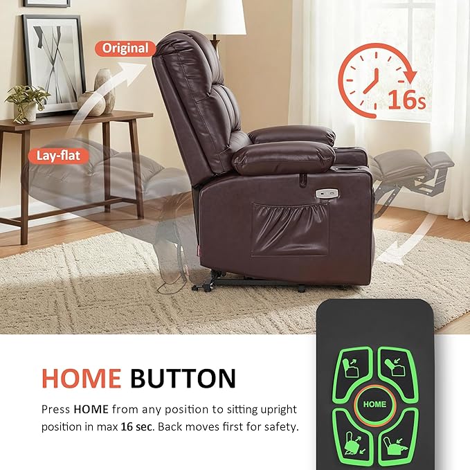 MCombo Large Dual Motor Power Lift Recliner Chair for Elderly, Massage and Heat, Lay Flat, Zero Gravity, Home Button, USB Port, Faux Leather 7680 (Dark Brown, Large)