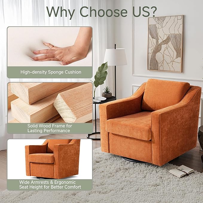 UIXE Swivel Accent Chairs Set of 2, Chenille Upholstered Arm Chair for Living Room, Modern Club Armchair Comfy Single Sofa Bedroom Reading Seat with Lumbar Pillow - Orange