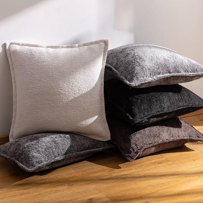 Grey Decorative Throw Pillow Covers 24x24 Inch Set of 2 Cozy Soild Chenille Cushion Cases Soft Textured Square Couch Pillows Cover Boho Accent Farmhouse Pillowcases for Sofa Bed