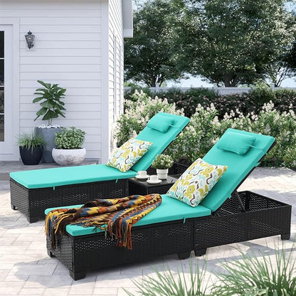 3 PCS Patio Chaise Lounge with Coffee Table Cushion&Pillow Outdoor Lounge Chair Chaise Lounger Patio Reclining Chair 5 Angle Adjustment Black PE Rattan for Courtyards Poolside Garden (Green)