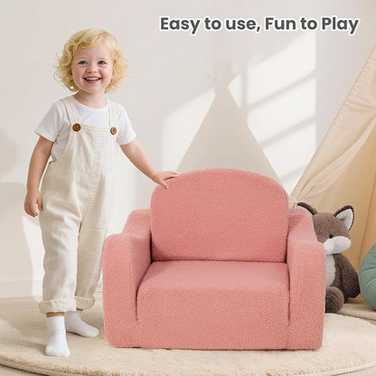 Comfy Toddler Chair & Kids, 2-in-1 Soft Couch Fold Out for Kids, Toddler Chairs Comfy 1-3 Years Old, Convertible Plush Sofa to Lounger for Girls and Boys, Pink