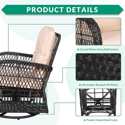 VIVIJASON 3-Piece Outdoor Conversation Bistro Set, Patio Swivel Glider Rocking Chairs Rattan Furniture Sets w/ 2 Rattan Chairs, Cushions, Glass Top Side Table for Porch Backyard, Dark Brown