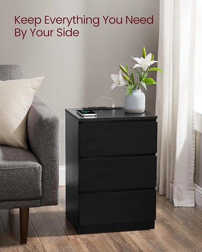 VASAGLE Nightstands with Charging Station, Set of 2, AC Outlets and USB Ports, Bedside Tables, Side Tables with 3 Drawers, Modern Style, 13.8 x 15.7 x 23.2 Inches, Ebony Black ULET731B58