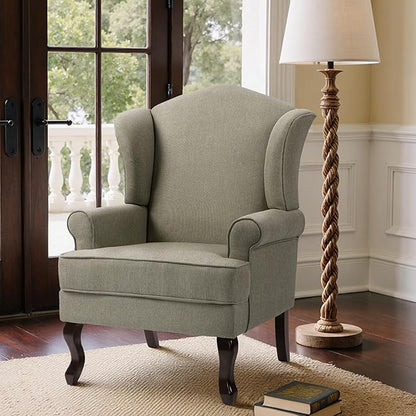 Pia Ricco Set of 2 High Back Accent Chairs: Upholstered Fabric Armchairs with Solid Wood Legs - Retro Living Room Pair, Comfy Reading Sofa Seats-Moss Grey