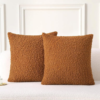 FUTEI Rust Throw Pillow Covers 24x24 Inch Set of 2,Furry Faux Fur Teddy Boucle Textured Cushion Covers,Soft Fluffy European Pillow Shams,Home Decor for Couch Bed Living Room Office Car