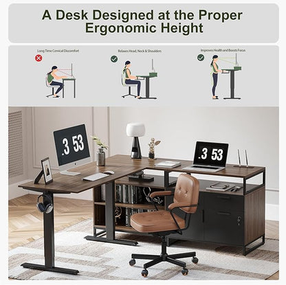 BANTI Executive L Shaped Standing Desk, 66 Inch with 2-Drawer File Cabinet, Electric Height Adjustable Stand up Desk, Home Office Computer Desk with Shelves, Black Walnut Top