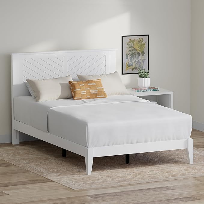 Serene Farmhouse Style Wood Bed in Full Size with Chevron Scoring Headboard, Coastal Modern Design, Sturdy, Easy Assembly, Ample Underbed Storage, White Finish