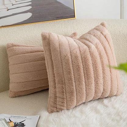 Pack of 2 Faux Fur Throw Pillow Covers 12x20 Inch Striped Decorative Soft Plush Couch Pillow Case Home Decor for Bed, Sofa, Living Room Beige