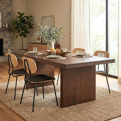 Mid-Century Modern Rattan Cane Back Dining Chairs Set of 4 — PU Leather Upholstered Seat, Black Metal Legs, Kitchen Side Chairs for Kitchen & Dining Room, Black