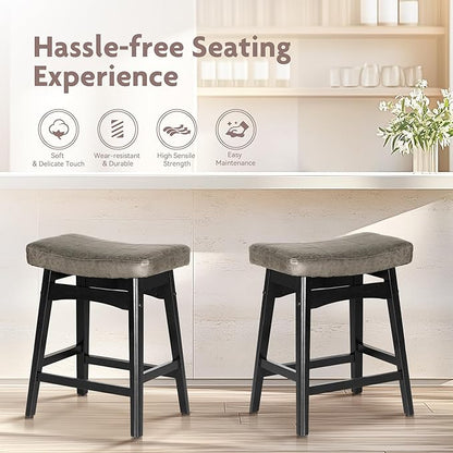 ALPHA HOME Bar Stools Set of 2, Solid Wood Saddle Kitchen Stools with Grey PU Leather Cushion Counter Height Barstools with Wooden Base for Kitchen Dining Cafe, 24 Inch, Grey, 2PCS