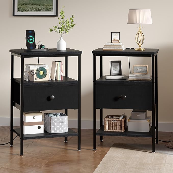 VECELO Night Stand Set 2, Nightstand with Charging Station, End Tables with Open Storage Shelf, Bed Side Tables with Fabric Drawers for Bedroom,Living Room,Classic Black