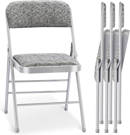 cyclone sound 4 Pack Folding Chairs with Fabric Padded Cushion and Back, Commercial Grade Metal Chairs with Fabric Cushion for Home and Office, for Indoor and Outdoor Events (4, Gray-Fabric)